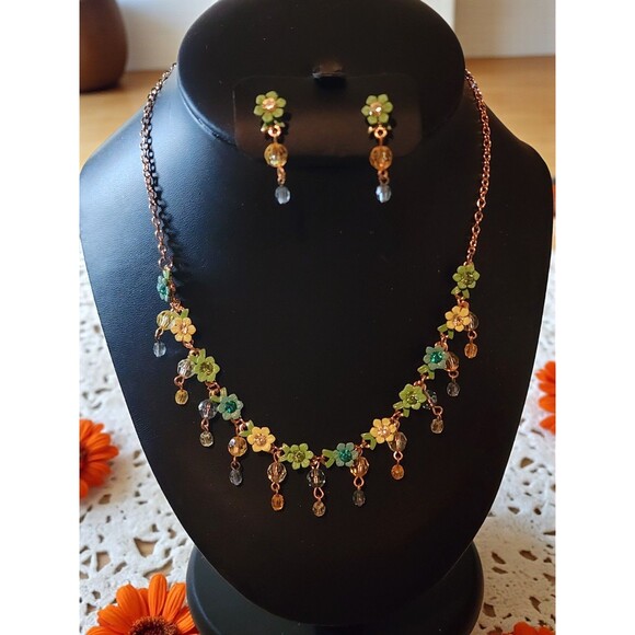 Whimsical Bloom Necklace & Earrings Set – Green Yellow Blue Floral Dangles - Picture 1 of 5